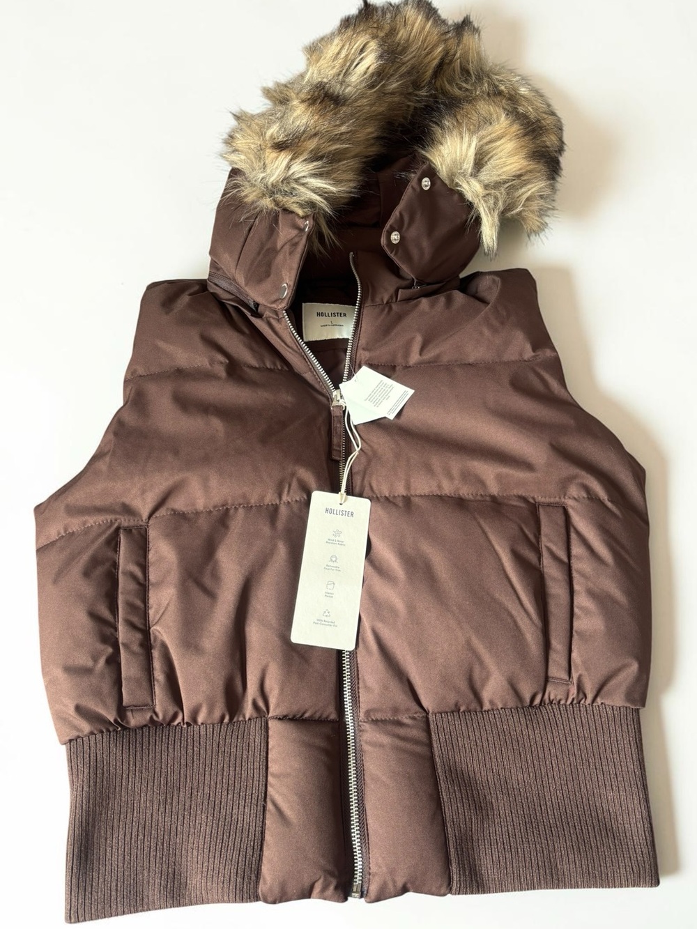NWT Hollister Brown Faux Fur Hooded Puffer Vest Y2K Revival Large